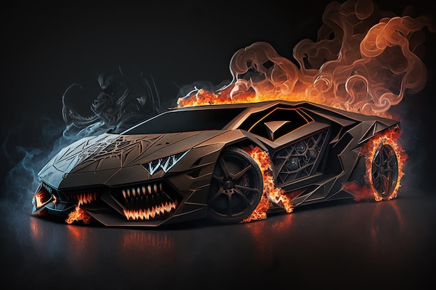 A car with flames and a face that says'car of the year '