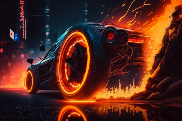 Car with glowing wheels on city street Generative AI