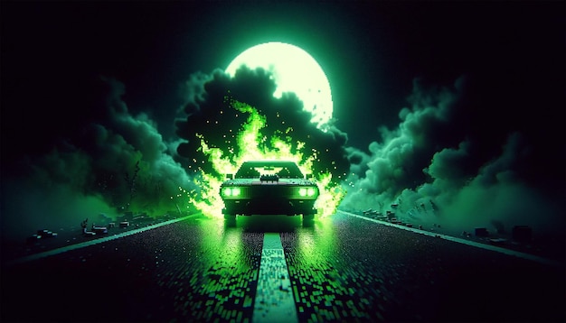 Car with green flames on a deserted road at night style 8bits