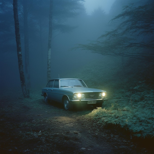 A car with the headlights on and the headlights on the hood are on a forest path