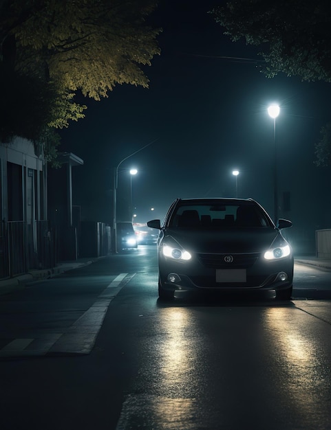 car with headlights on at night on the street