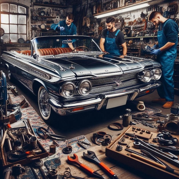 a car with the hood up is being worked on