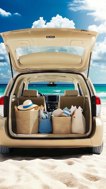 Photo a car with its trunk open on the beach with luggage in it