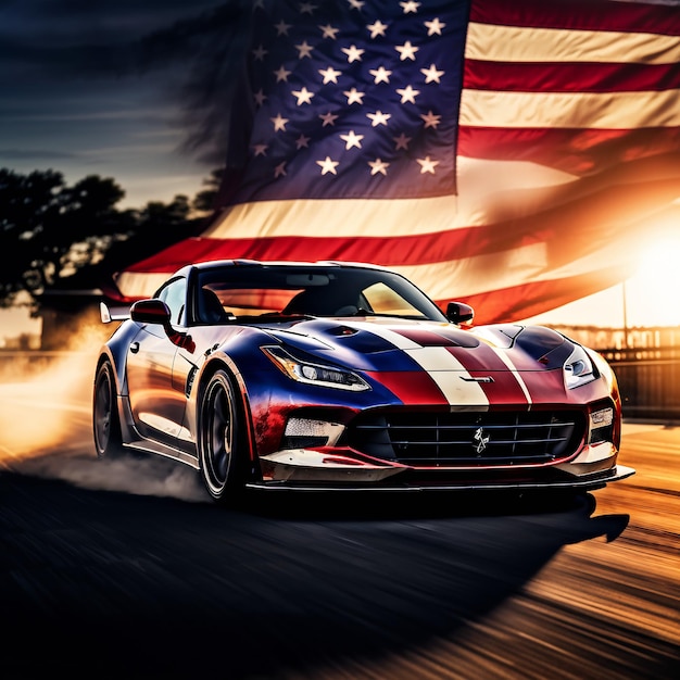 a car with the logo on the front and the flag behind it