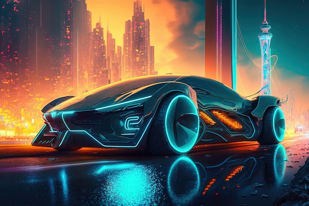 Car with neon lighting for a high speed move in a futuristic style against the backdrop of an urban view New technologies cyberpunk high resolution art generative artificial intelligence