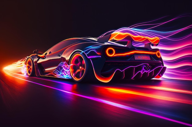 Car with neon lights on it driving down street in the dark Generative AI