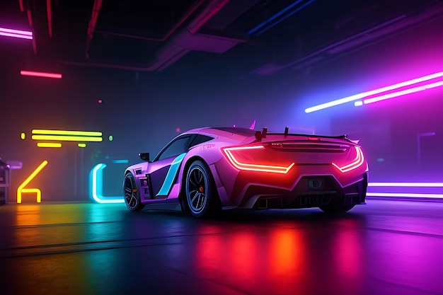 a car with a neon lights on it is lit up in a dark room