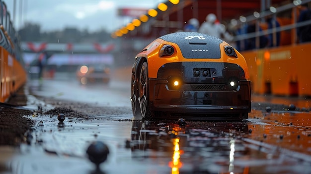 a car with the number 0 on the front is driving on a wet road