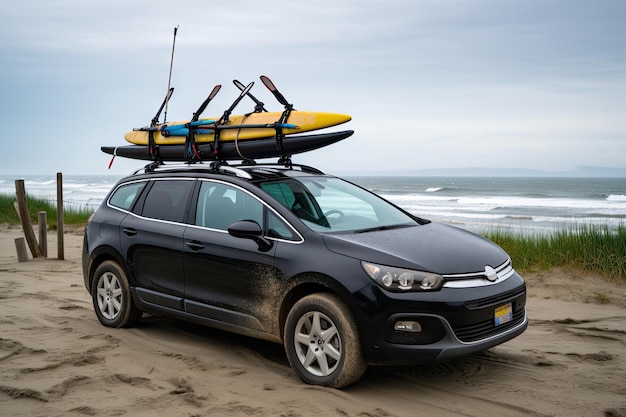 Photo car with roof rack and surfboard ready for adventure created with generative ai