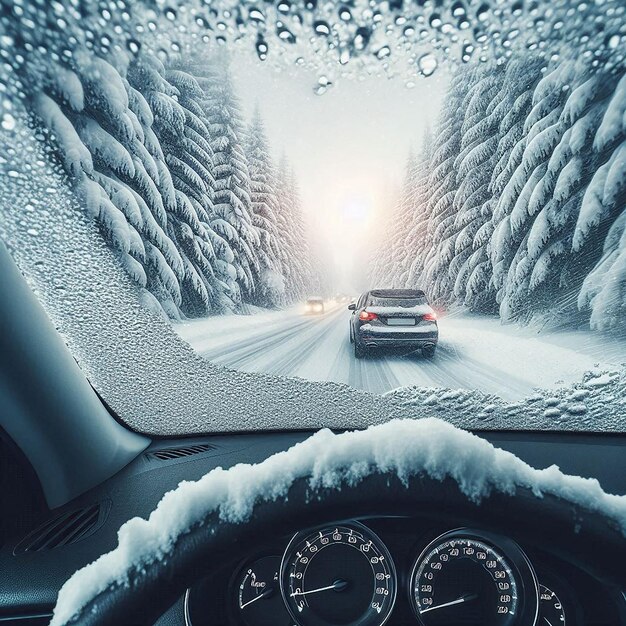 A car with snow on the dashboard