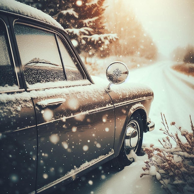 A car with snow on a road in winter day