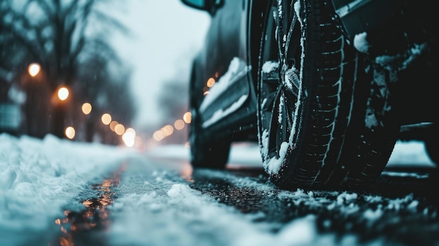 A car with snow on the tires is parked on a wet road