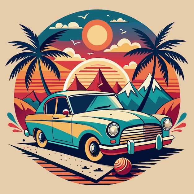 Photo car with sunset and retrostyle palm silhouette vector t shirt design