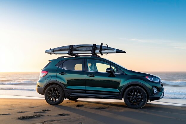 Photo car with surfboard on the roof ready for adventure created with generative ai