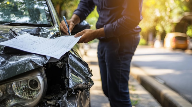 Photo a car with visible crash damage parked on the side of the road with a driver filling out an insuranc