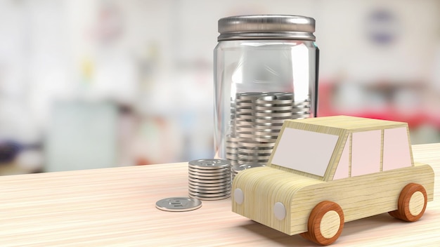 The car wood toy and jar coins for saving concept 3d rendering