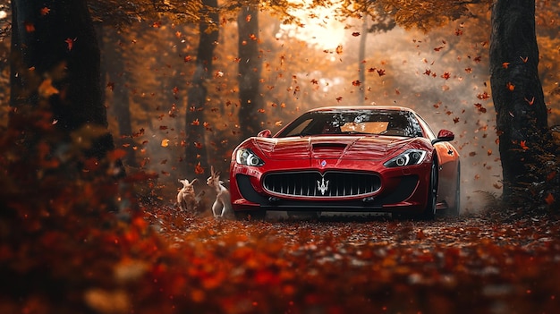 a car in the woods with a dog in the background