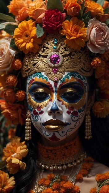 Cara Pintada Dia de los muertos La Catrina Pintura y Flores Coloridas