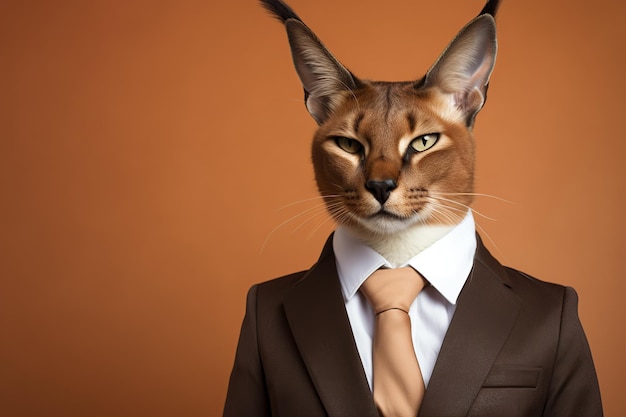 Caracal cat in black business suit on brown background