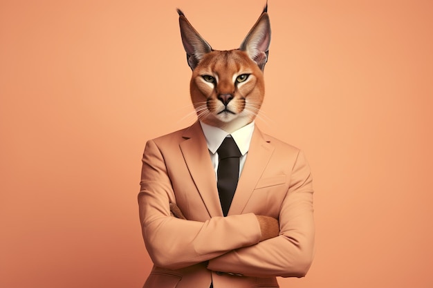 Caracal cat in orange business suit on dark pink background