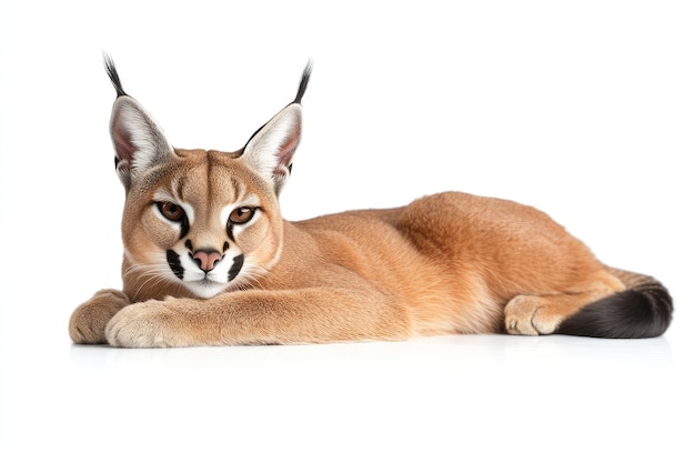 Caracal with Large Ears Lying Down on White Background