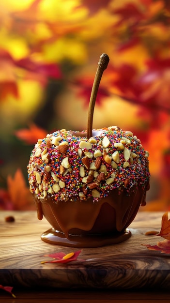 Photo a caramel apple with nuts and sprinkles rests on a wooden board amid autumn leaves