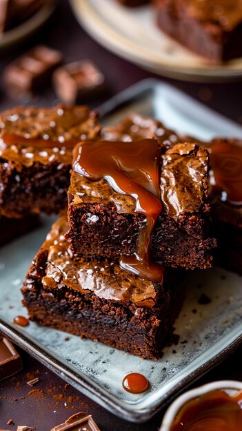 Photo caramel brownies with chocolate sauce