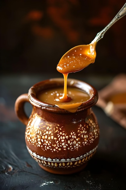 Photo caramel cascade closeup of arequipe drizzling in colombian sweetness