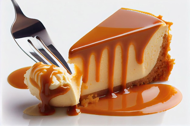 Caramel cheesecake Taking bite of caramel cheesecake with fork with Generative AI Technology