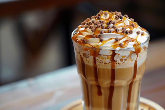 Caramel coffee latte being topped with whipped cream and chocolate sprinkles