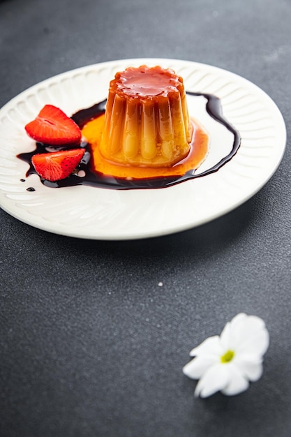 caramel flan sweet dessert jelly meal food snack on the table copy space food background rustic