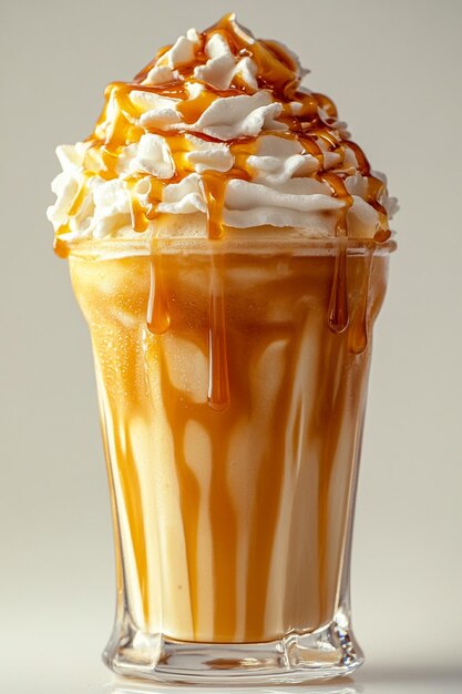 Photo caramel frappuccino in a clear glass with whipped cream and caramel sauce