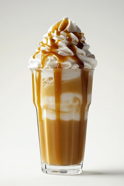 Caramel Frappuccino in a clear glass with whipped cream and caramel sauce