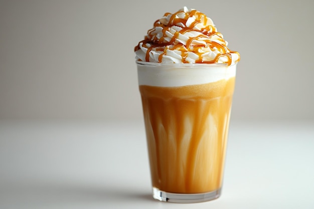 Photo caramel frappuccino in a clear glass with whipped cream and caramel sauce