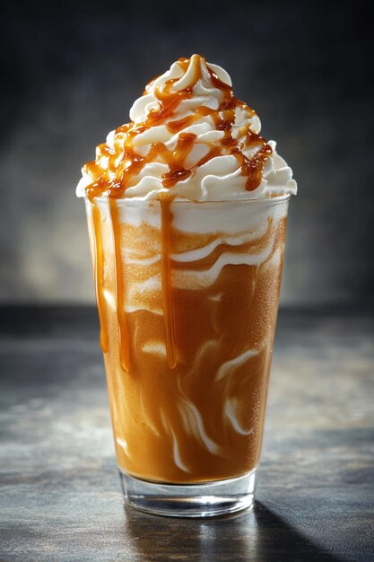 Photo caramel frappuccino in a clear glass with whipped cream and caramel sauce