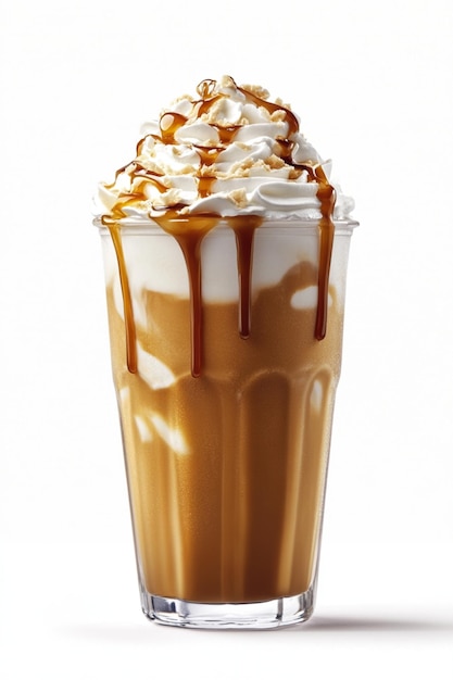 Photo caramel frappuccino in a clear glass with whipped cream and caramel sauce