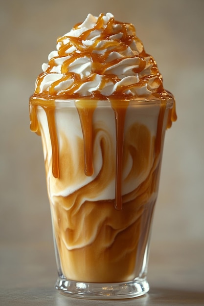 Photo caramel frappuccino in a clear glass with whipped cream and caramel sauce