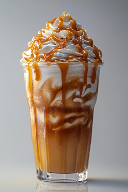 Caramel Frappuccino in a clear glass with whipped cream and caramel sauce