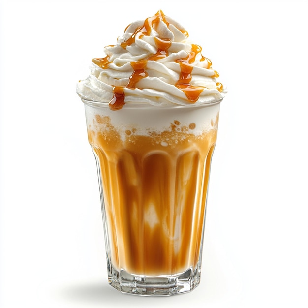 Photo caramel frappuccino in a clear glass with whipped cream and caramel sauce