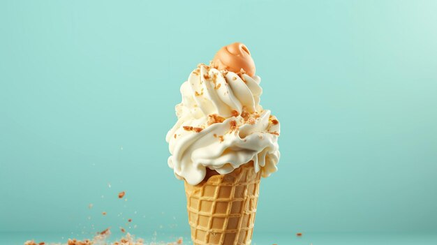 Caramel ice cream in waffle cone on blue background with copy space