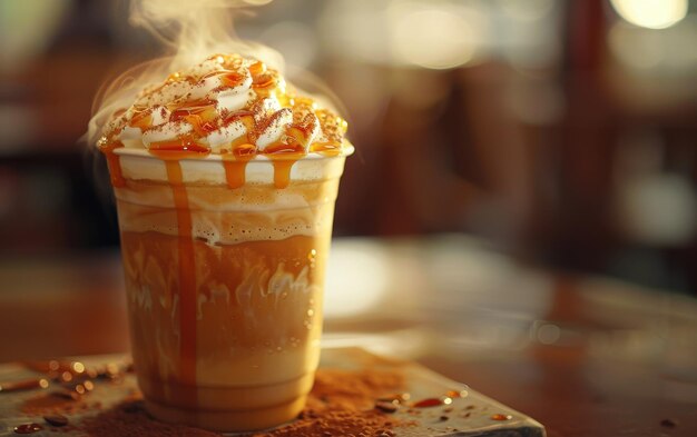 Photo caramel iced coffee with whipped cream