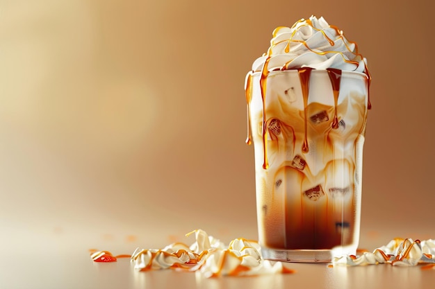 Photo caramel iced latte with whipped cream and syrup