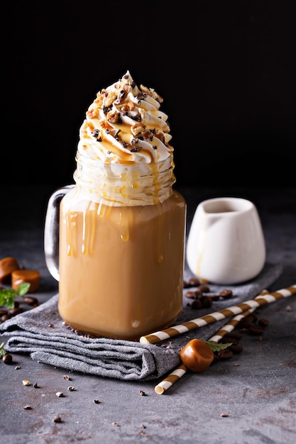 Caramel iced latte with whipped cream