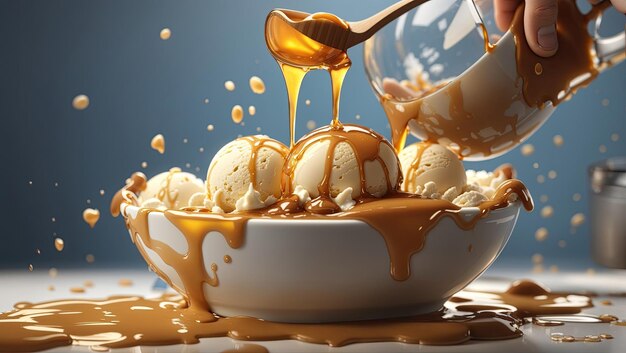 Caramel Pouring Over Ice Cream Tempting Delight