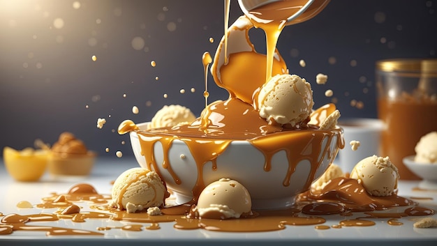 Caramel Pouring Over Ice Cream Tempting Delight