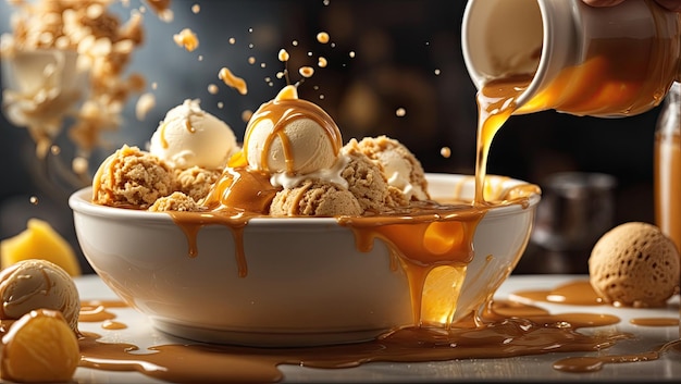 Caramel Pouring Over Ice Cream Tempting Delight