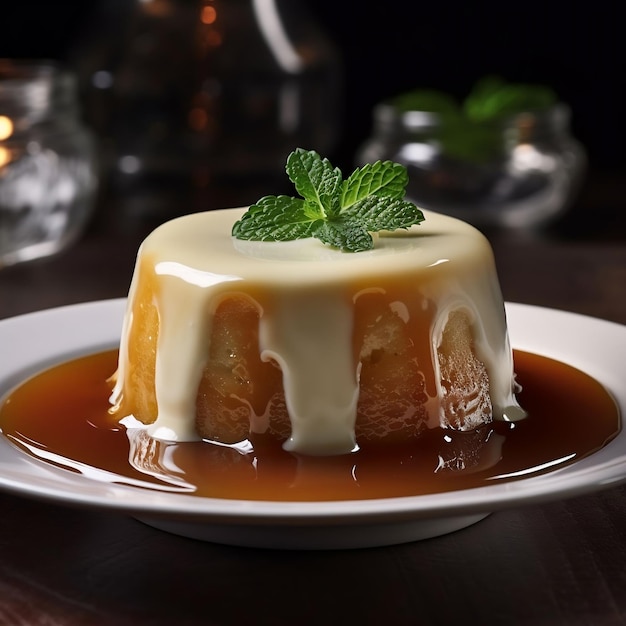 Caramel pudding with caramel sauce on a dark background Selective focus