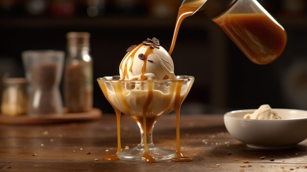 Photo caramel sauce drizzled over ice cream