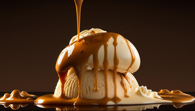 Photo caramel sauce over vanilla ice cream. ai generative.