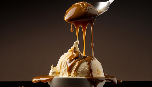 Photo caramel sauce over vanilla ice cream. ai generative.